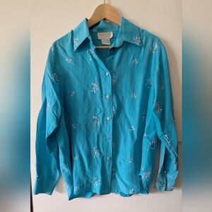 100% Silk Embroidered Flowers Teal Blue Button-Up Shirt By Silk Club Vintage